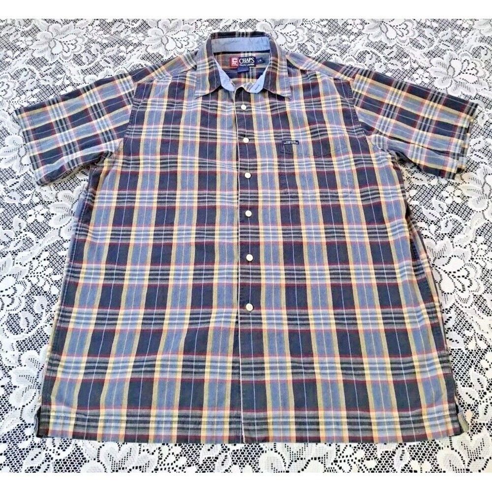 Chaps Ralph Lauren Shirt Mens Size Large Blue Plaid  Short Sleeve Woven Cotton